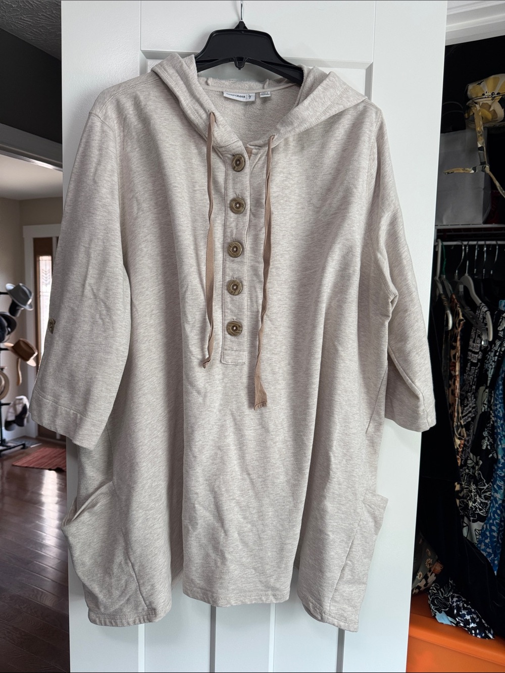 Susan Graver Oatmeal Beige Hooded Button-Front Knit Tunic